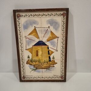Vintage Portuguese Hand-Painted Azulejo Tile Art - Windmill Scene